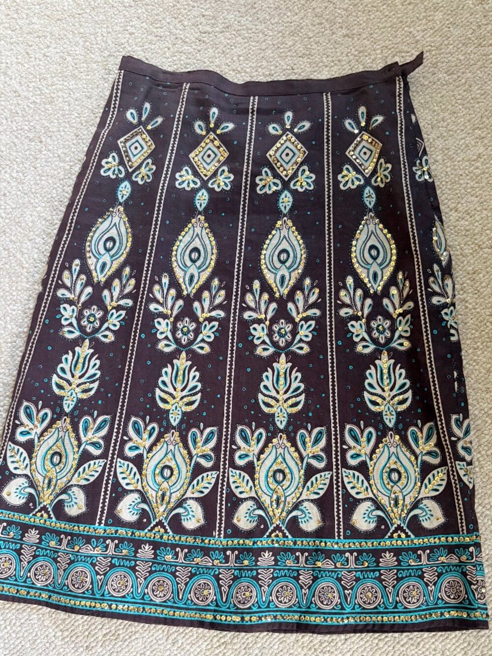 Like New Carole Little 100% Linen Brown & Teal Embellished Skirt